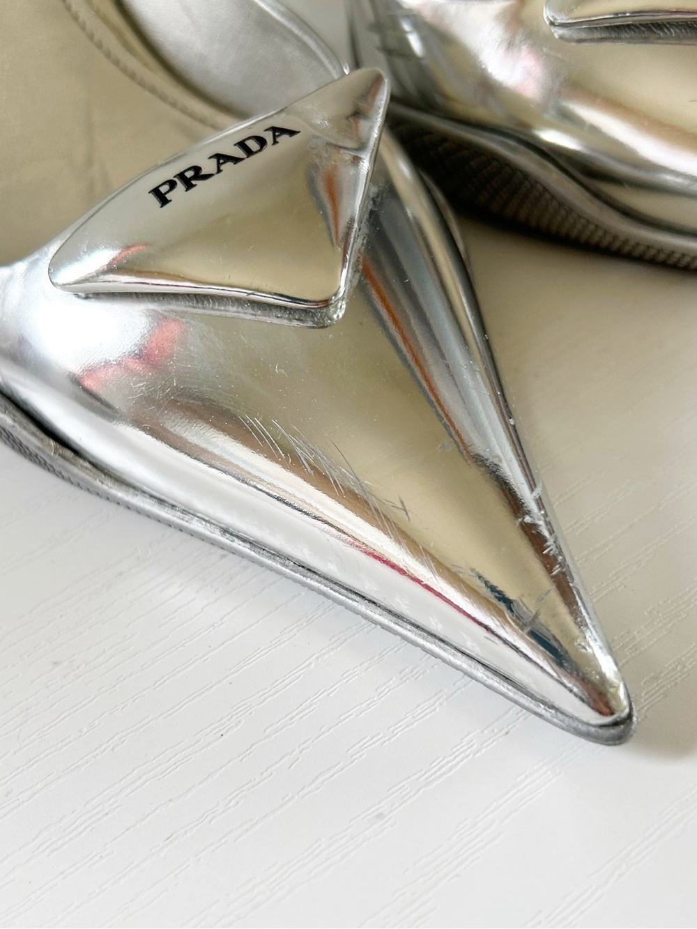 Prada Silver Metallic Slingback Heels Triangle Logo Size EU 41 - Picture 6 of 15